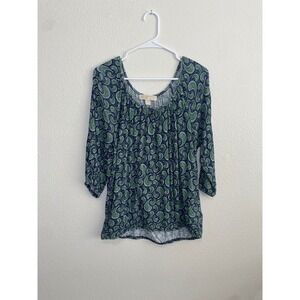 Michael Kors Blouse Womens L Green Paisley Excellent 3/4 Sleeve Viscose